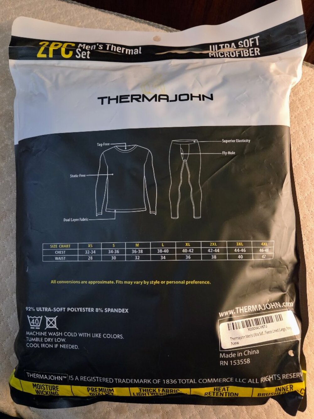 Thermajohn 2-piece Men's Thermal Set Ultra Soft Microfiber Size Large